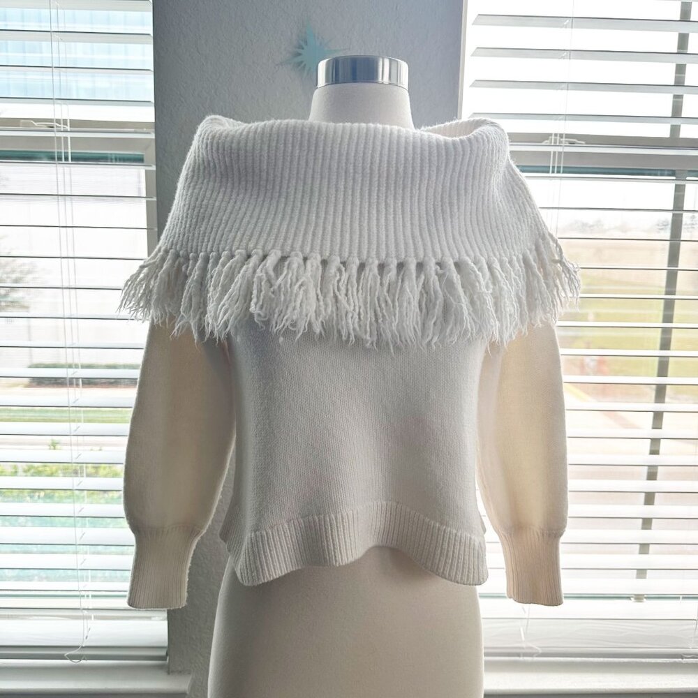 Alice + Olivia Bardot Fringe Off Shoulder Pullover In Soft White - Picture 2 of 14